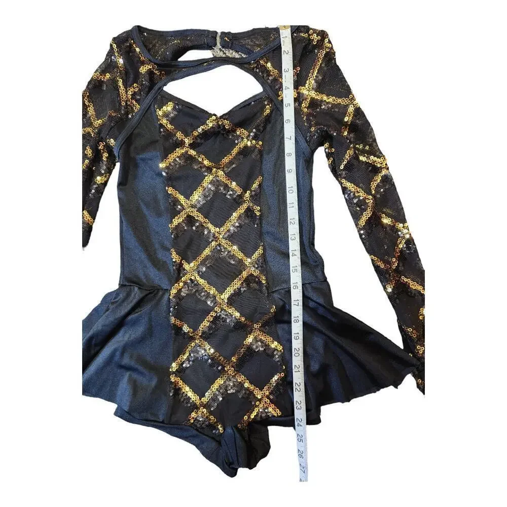 Weissman sz MA black gold sequin one piece long sleeve biketard dance ballet